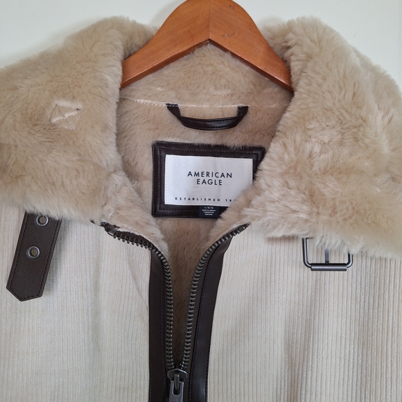 American Eagle Corduroy Aviator Jacket Sherpa Lined Cream Brown Trim Size L - Picture 5 of 9